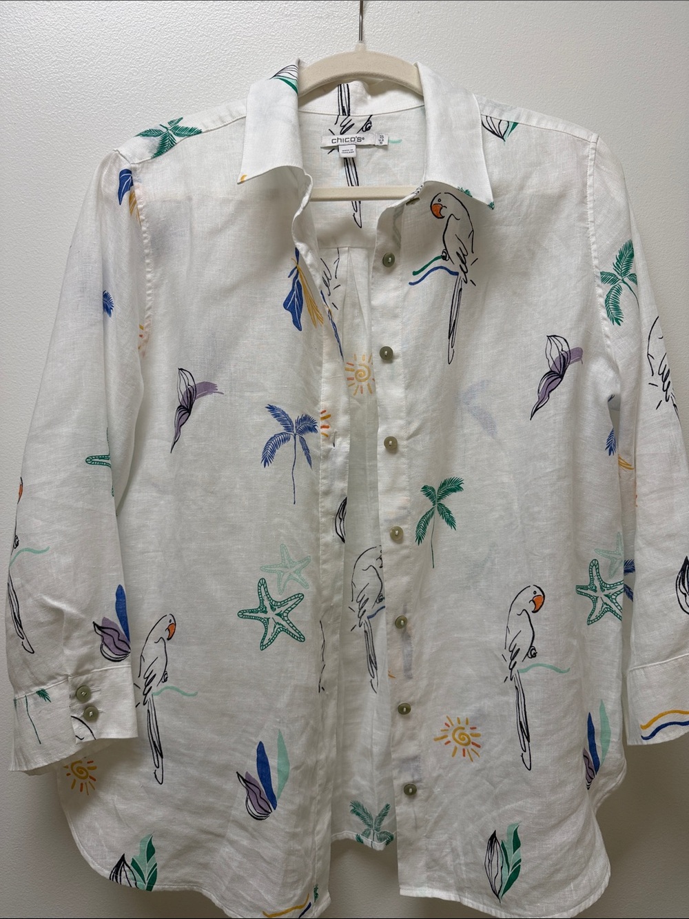 Chico's White Linen Button-Down Shirt with Multicolor Tropical Parrot Print